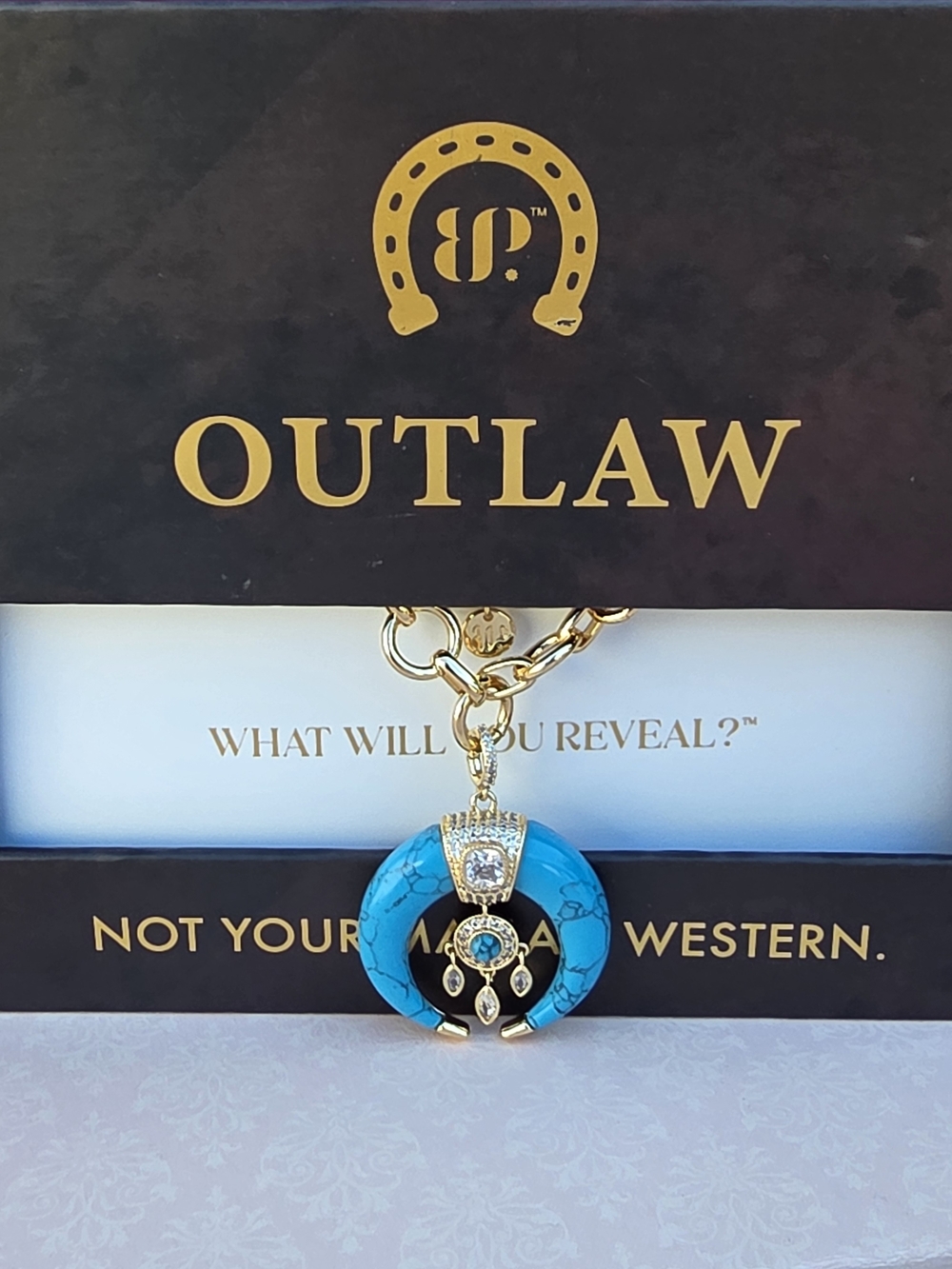 Bomb Party Outlaw Gold-Tone Turquoise Crescent Pendant Necklace - Picture 2 of 12